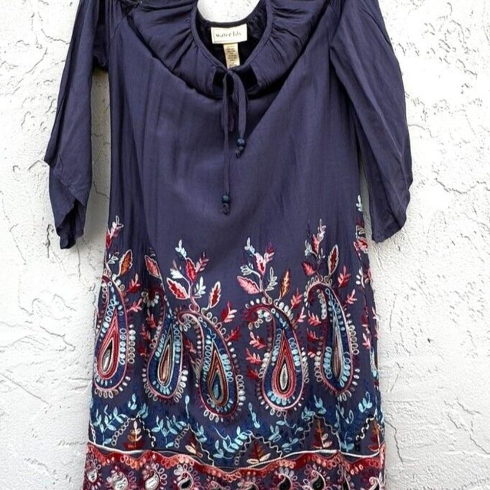 Water Lily Women's Blue Paisley Embroidered Cold Shoulder 3/4 Sleeve Dress  SZ S